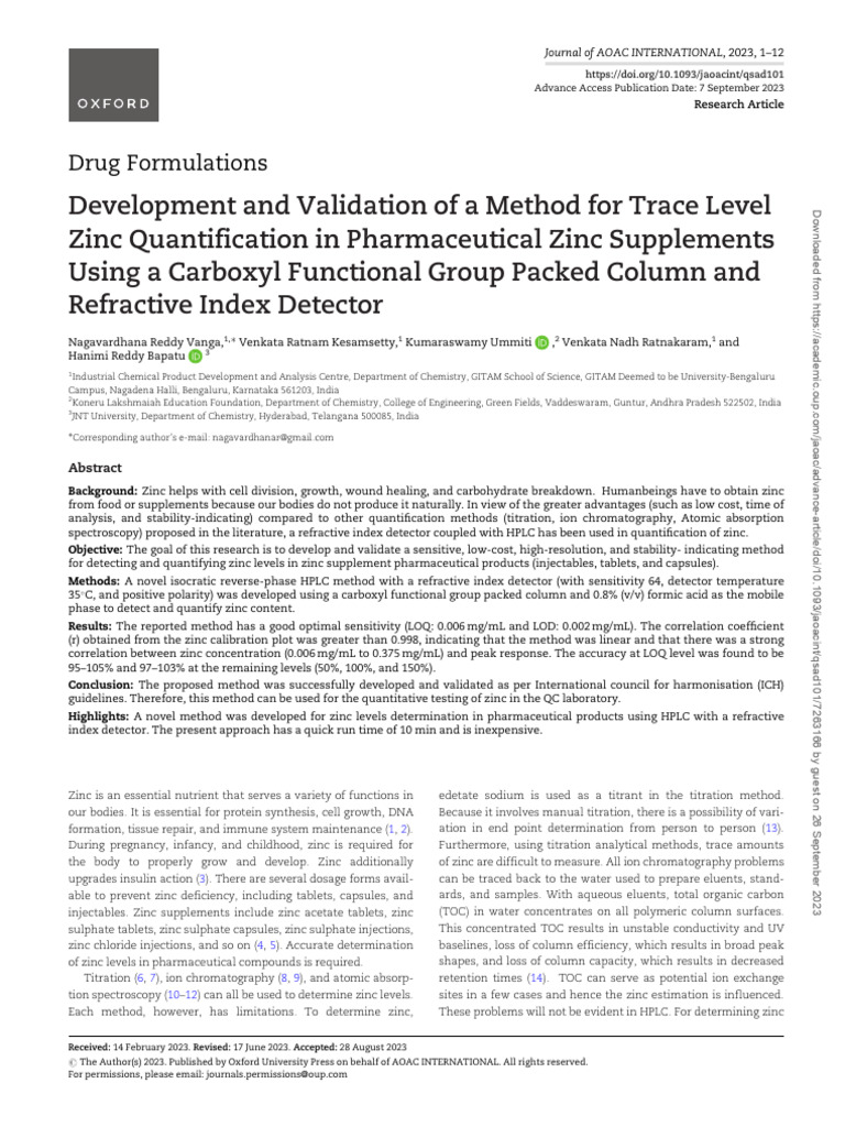 Zinc Quantification in Supplements via HPLC | PDF | High Performance ...