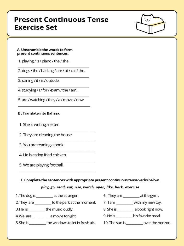 Present Continuous Tense Exercises Worksheet Yellow Cute Simple Style | PDF