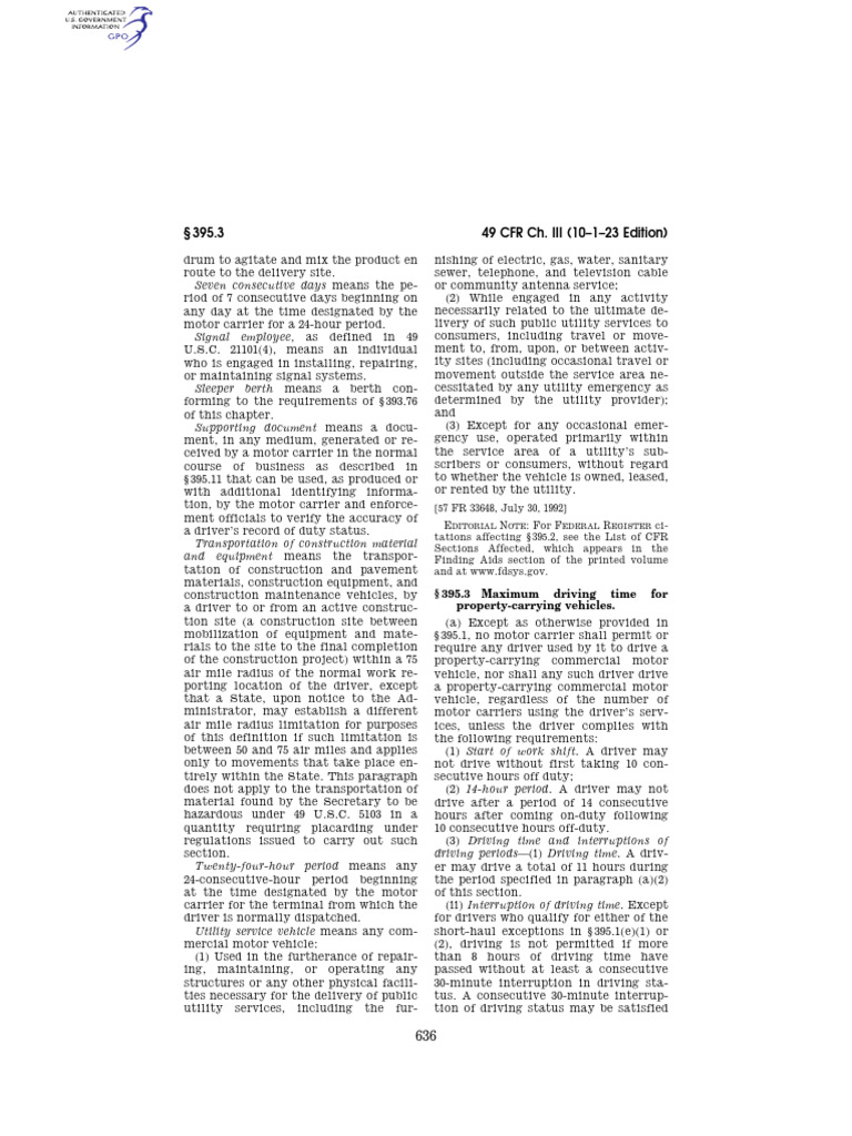 Driving Time Regulations for Motor Carriers | PDF | Transport