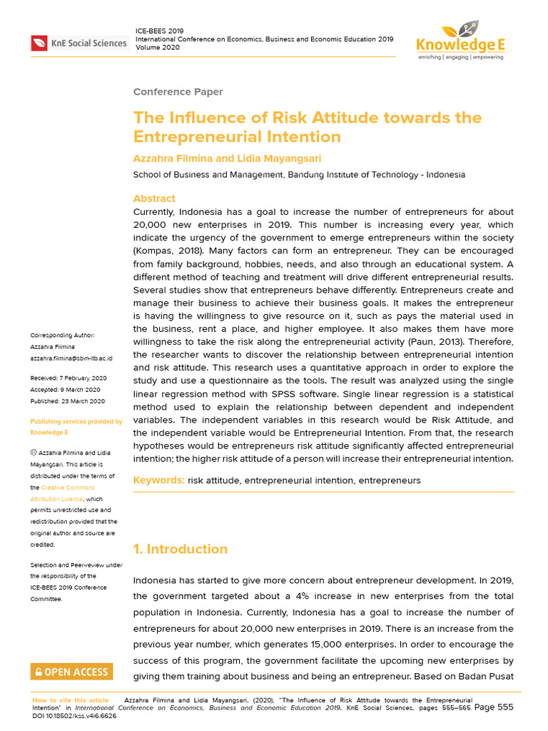 Risk Attitude and Entrepreneurial Intentions | PDF | Entrepreneurship ...