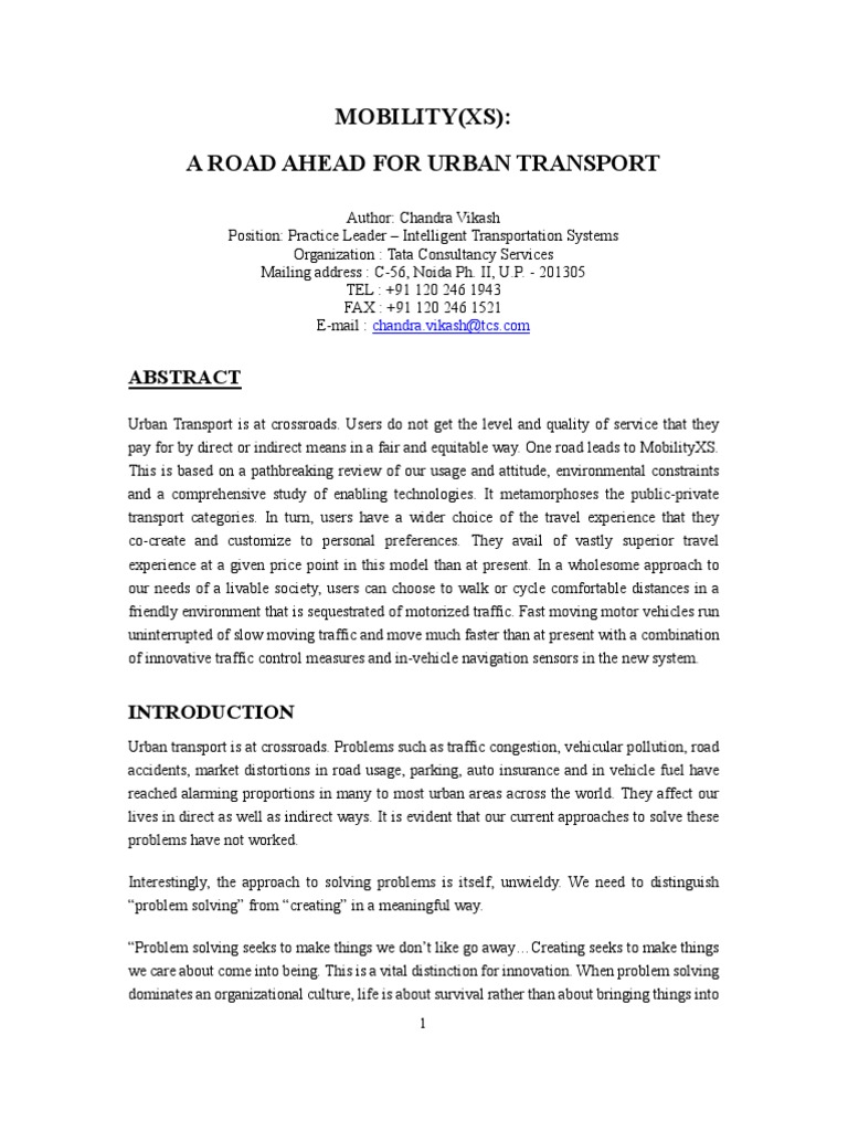 Mobility (XS) : A Road Ahead For Urban Transport | PDF | Traffic ...