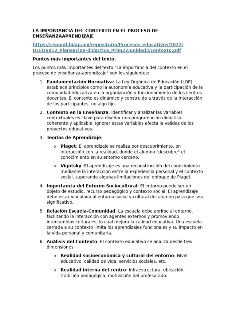 Contexto en el Proceso Educativo | PDF | Enseñando | Aprendizaje
