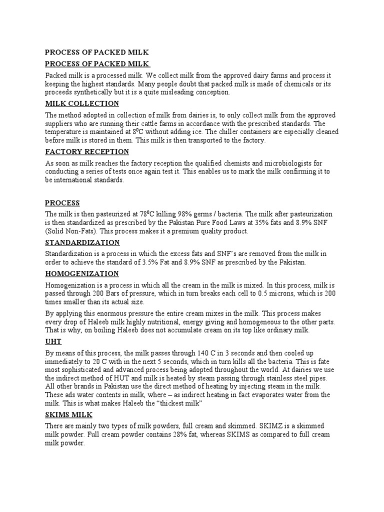 Packed Milk Processing Explained | PDF | Powdered Milk | Sampling ...