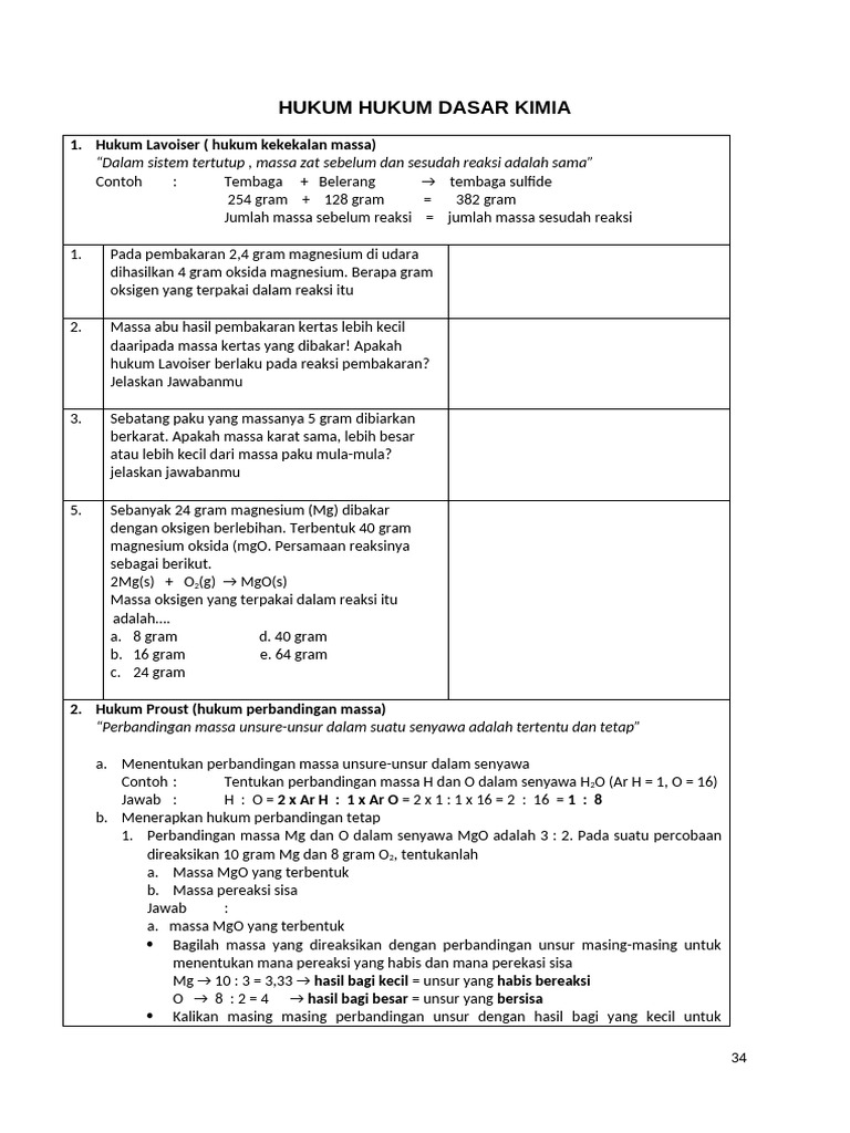 Hukum Dasar Kimia dan Contoh Soal | PDF | Metode & Bahan Ajar | Sains ...