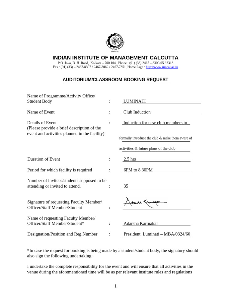 Iim Calcutta Auditorium Booking Request Pdf Career Growth