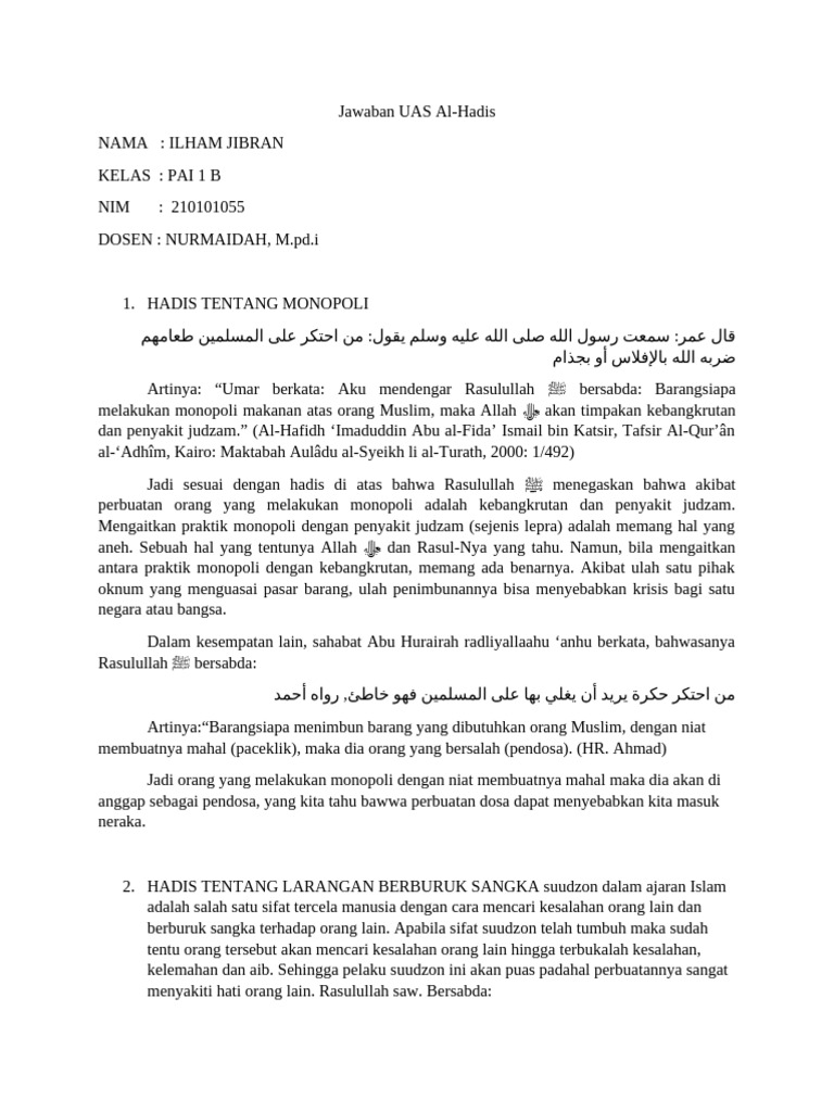 Hadis tentang Monopoli dan Suudzon dalam Islam | PDF