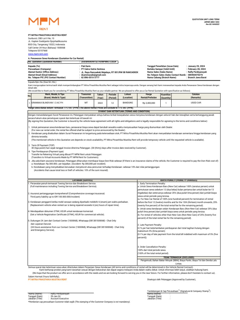 Penawaran Sewa Mobil MPM Rent | PDF