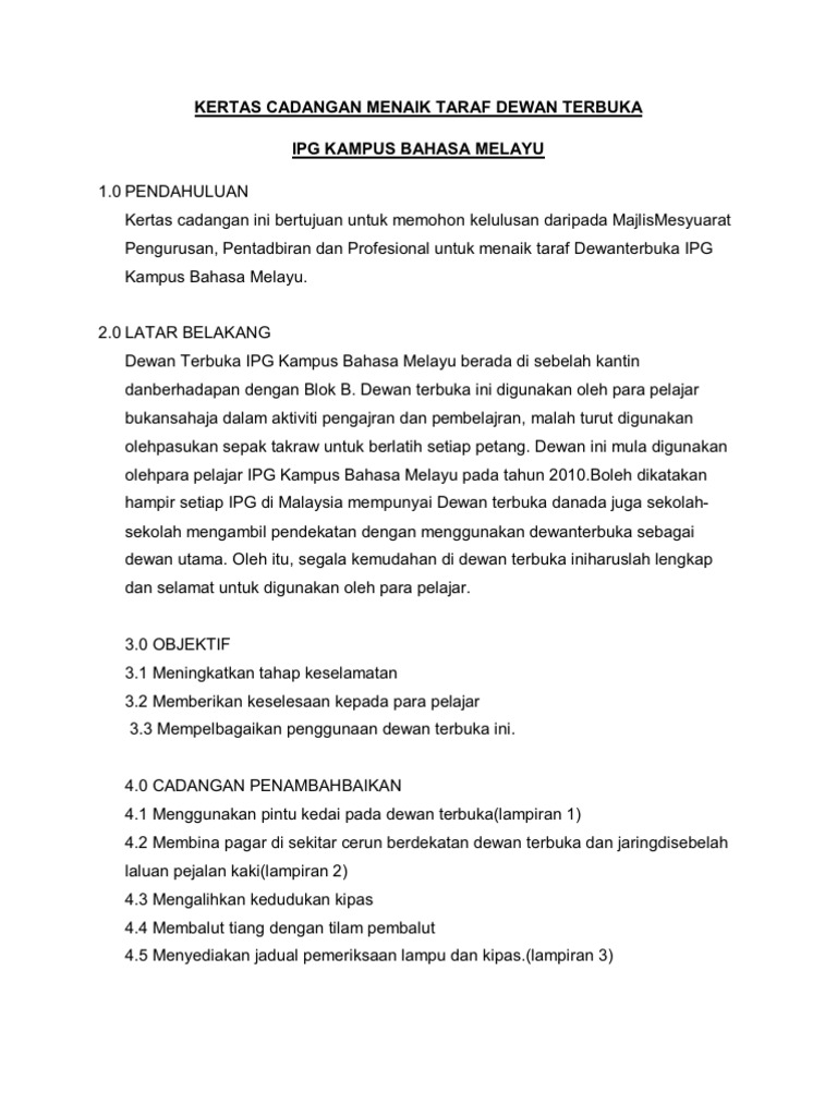 Contoh Surat Memohon Sumbangan Dewan Terbuka