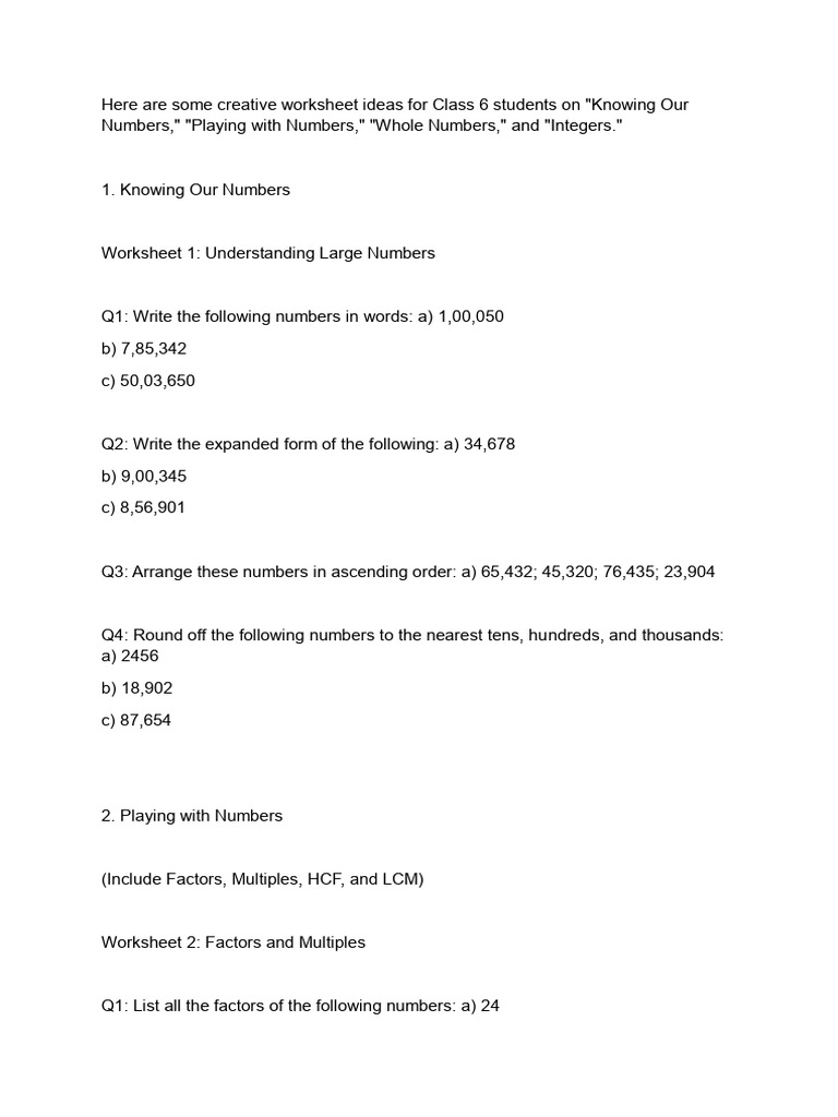 Class 6 Math Worksheets: Numbers & Integers | PDF | Natural Number ...