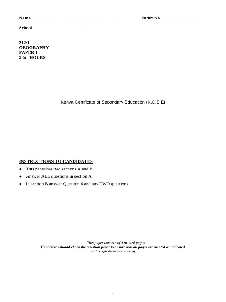 Geography Paper 1 Form 4 Term 1 Exam 2018 Pdf Rock Geology