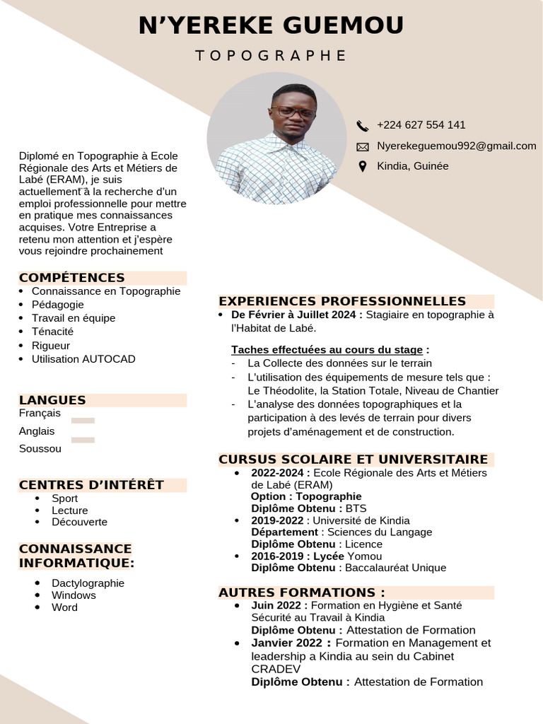 CV de Topographe - N'YEREKE GUEMOU | PDF
