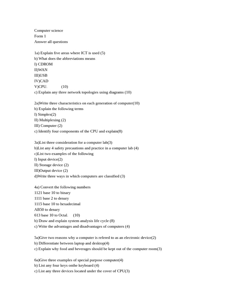 Computer Science Form 1 Final Paper | PDF | Computers