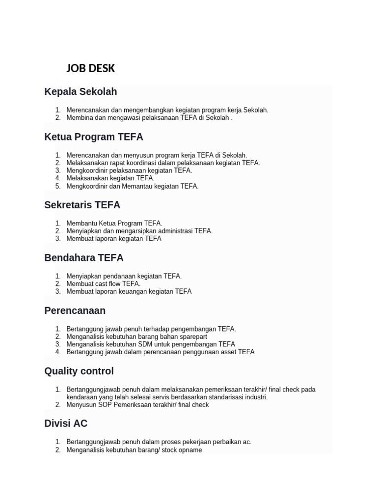 Job Desk dan Tanggung Jawab TEFA | PDF