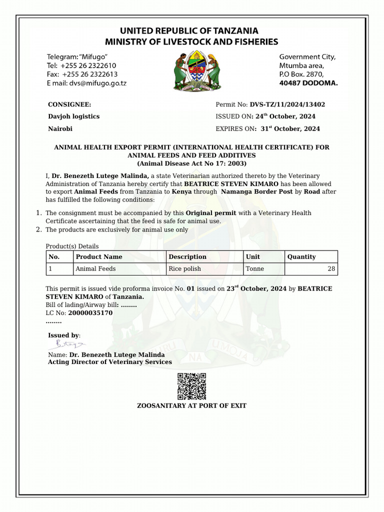 Animal Health Export Permit for Feeds | PDF | Law | Home & Garden
