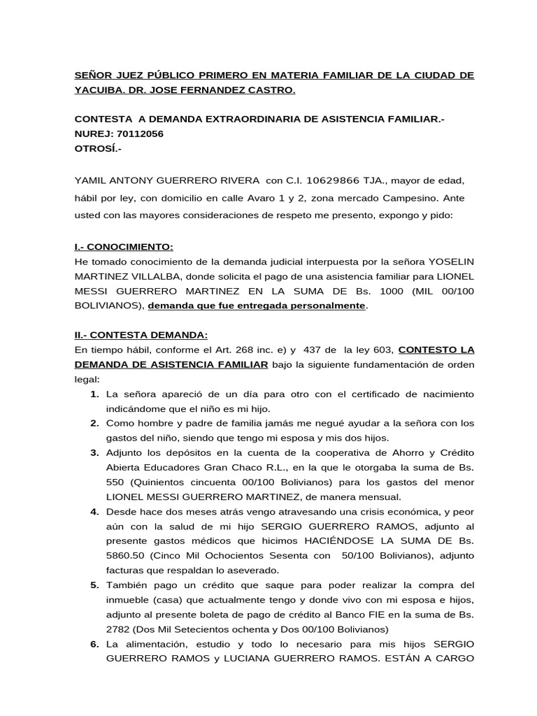 Contestación a Demanda de Asistencia Familiar | PDF | Salario mínimo ...