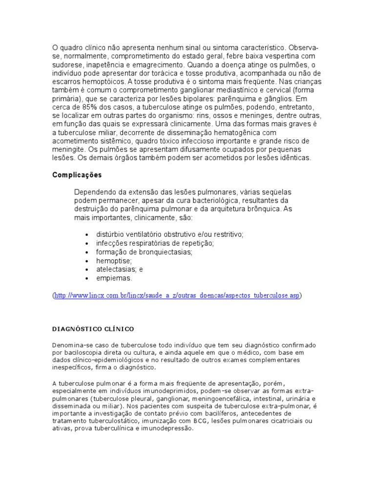 Quadro Clínico Tuberculose Ciências da Saúde