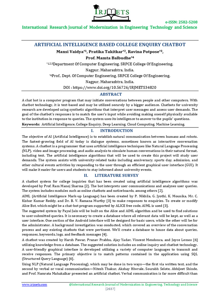 Chatbot Research Paper Pdf Artificial Intelligence Intelligence