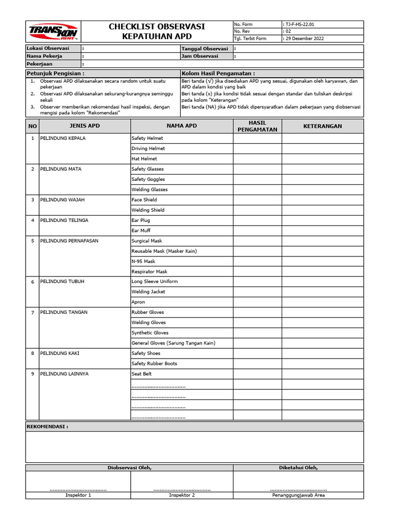 TJ-F-HS-22.01 Checklist Observasi Kepatuhan APD Rev 02 | PDF