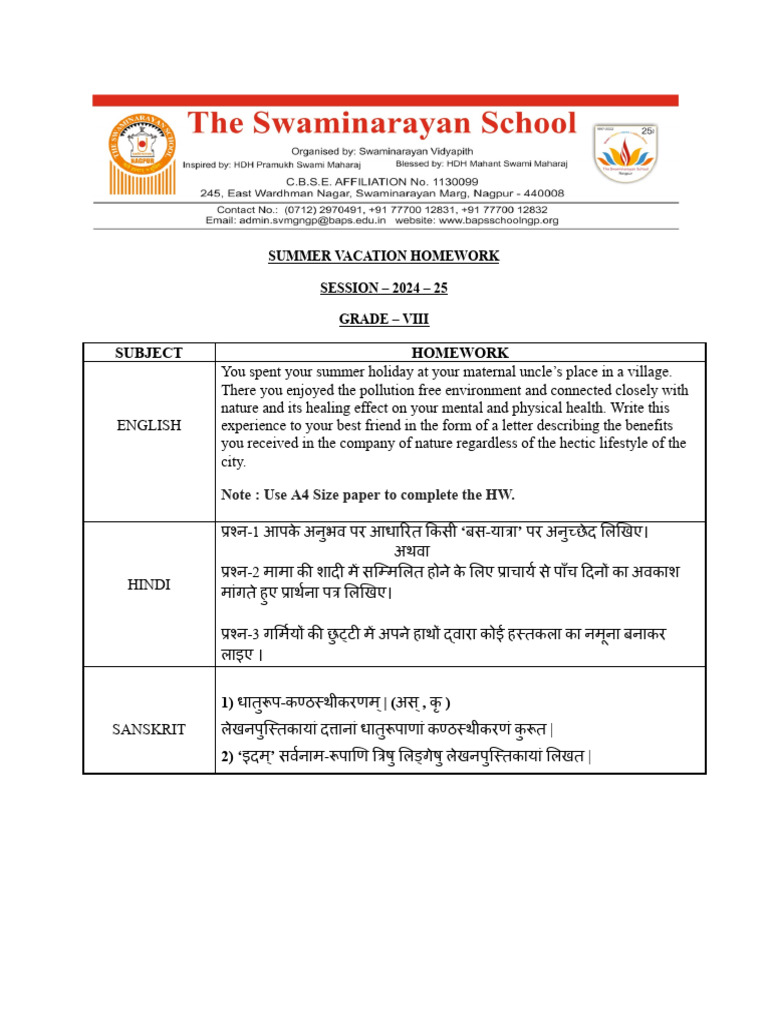 Class 8 English Summer Homework Guide | PDF