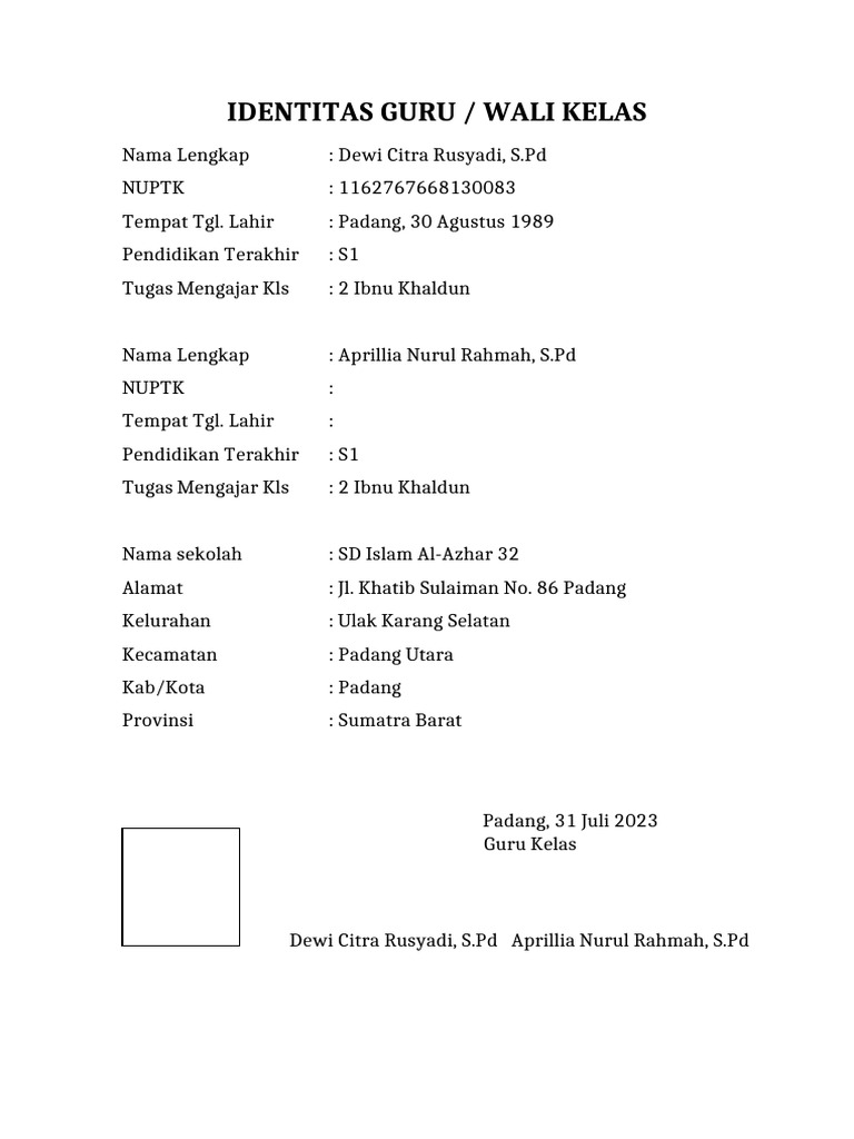 Info Guru Kelas SD Al-Azhar 32 | PDF