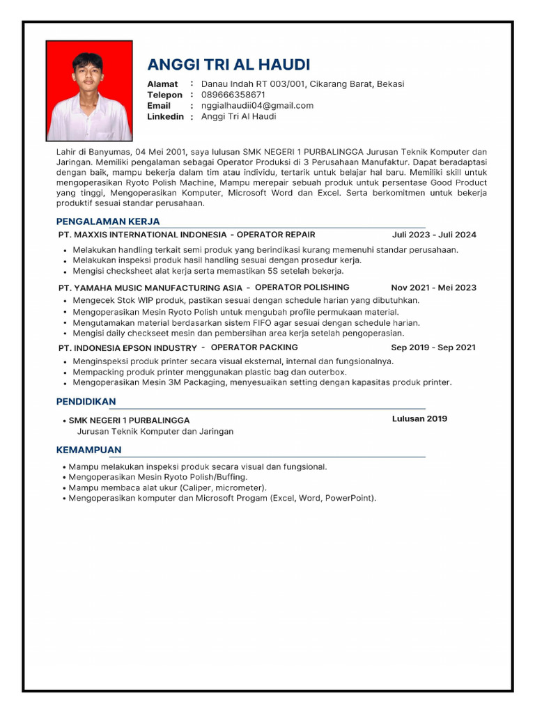 CV Anggi Tri Al Haudi 2024 (Gawe Dewe) | PDF