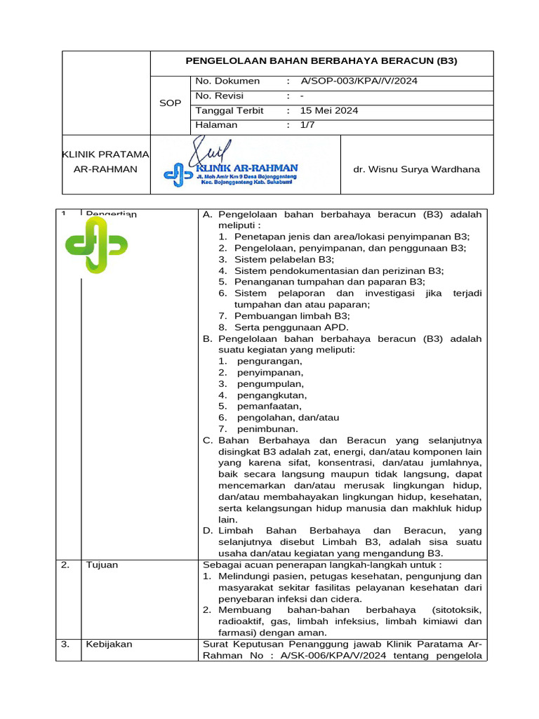 SOP Pengelolaan Limbah B3 Klinik | PDF