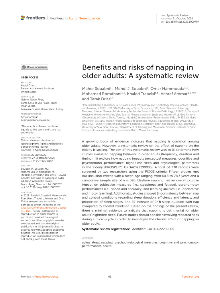 Benefits and Risks of Napping in Older Adults - A Systematic Review ...