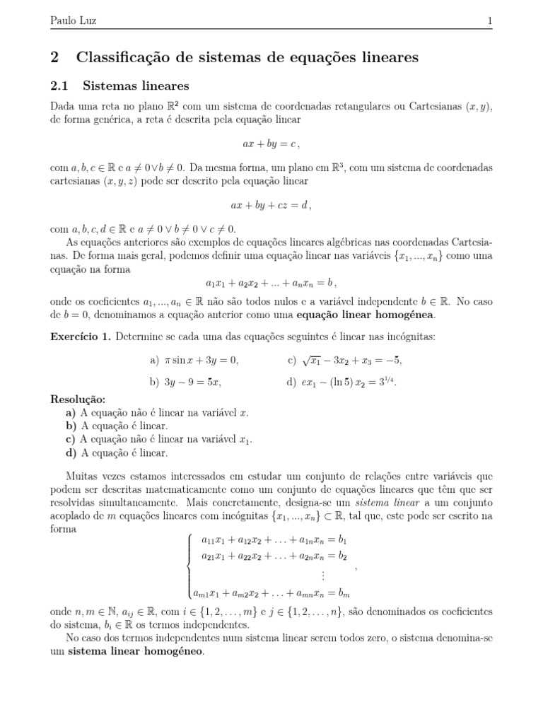 Classificação de Sistemas Lineares | PDF | Equações | Sistema de ...