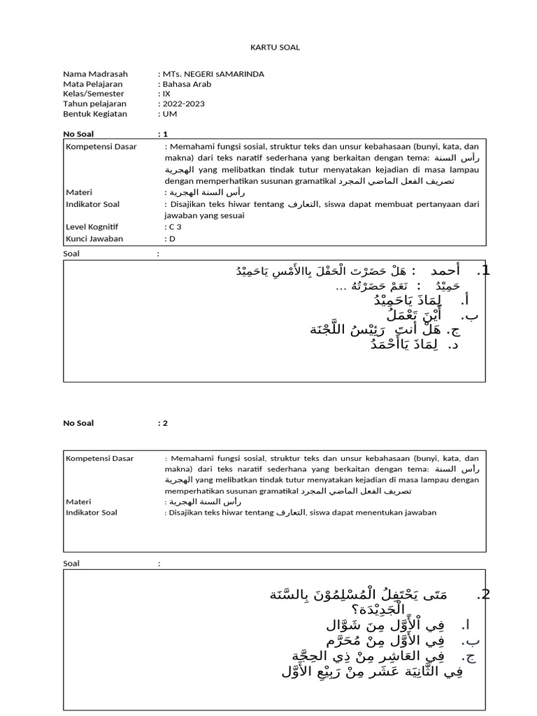 Soal Ujian Bahasa Arab Kelas IX | PDF