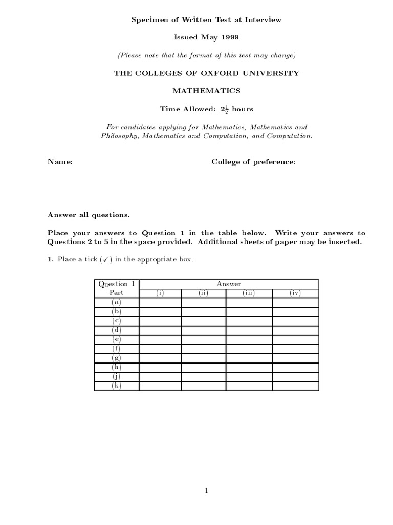 Oxford Admissions Test 1999 | PDF
