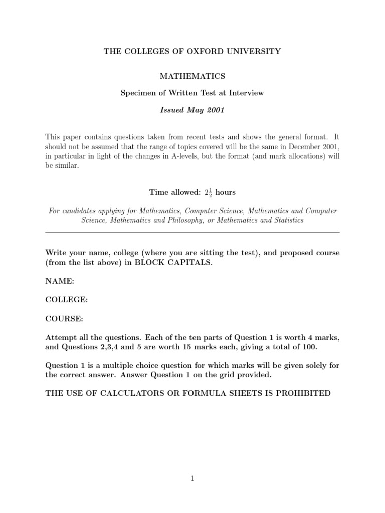Oxford Math Entrance Exam Specimen | PDF | Length | Triangle