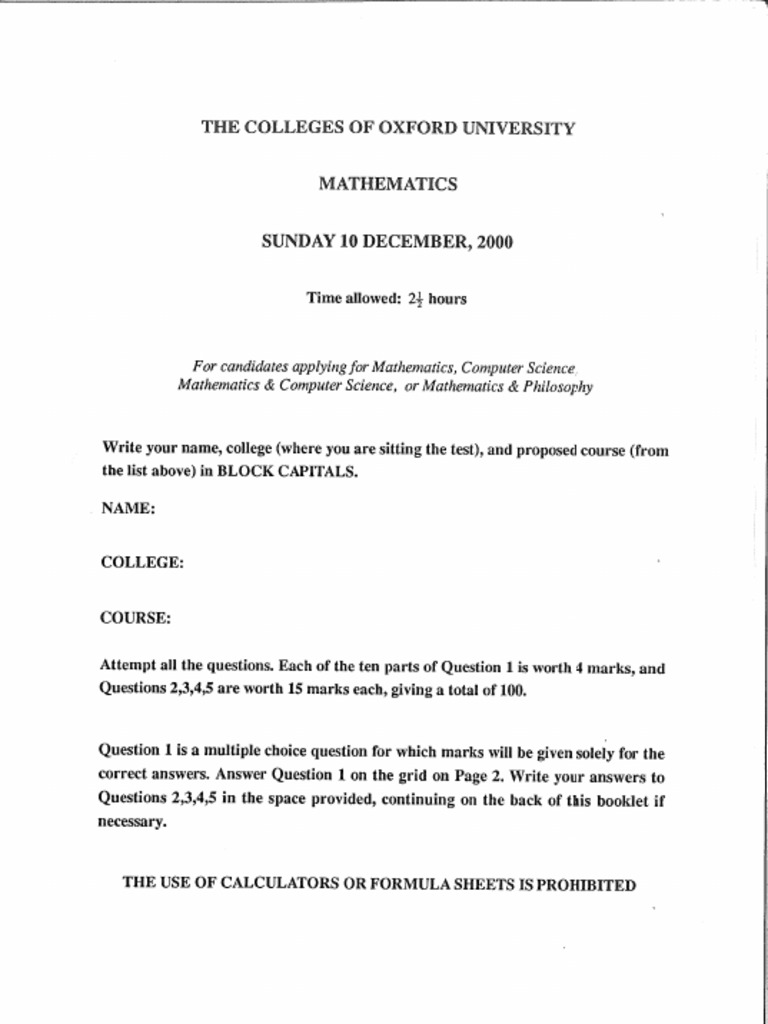Oxford Admissions Test 2000 | PDF