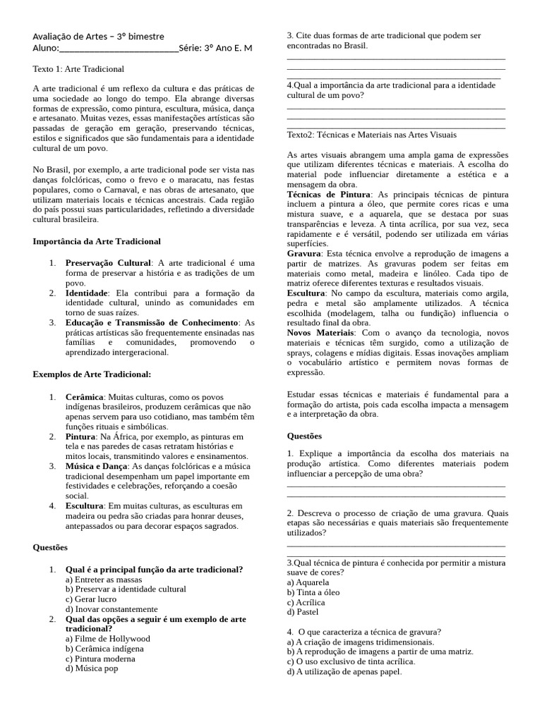 Atividade Avaliativa de Artes - 3º Ano EM | PDF | Pinturas | Escultura