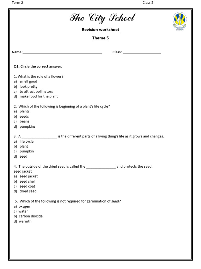 Theme 5 Revision Worksheet Grade 5 Pdf Seed Flowers