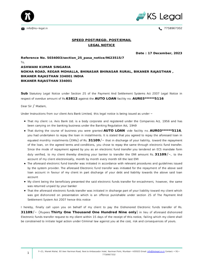 Legal Notice for Overdue Auto Loan Payment | PDF | Banks | Credit