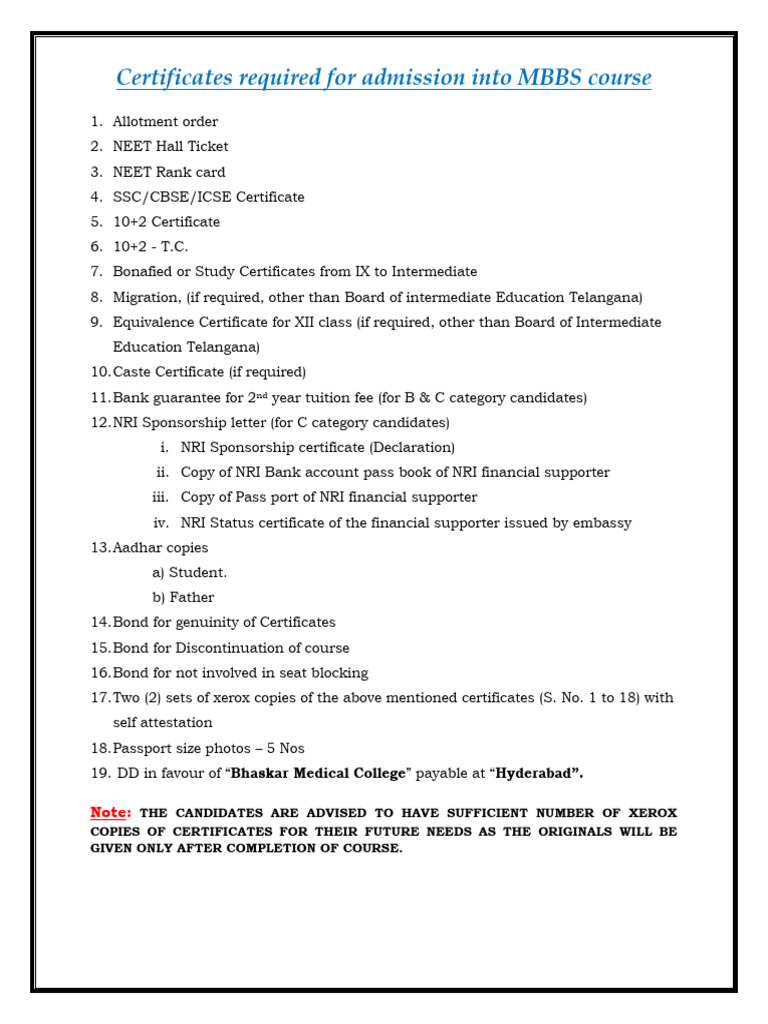 List Of Certificates Required Mbbs 2024 25 Pdf