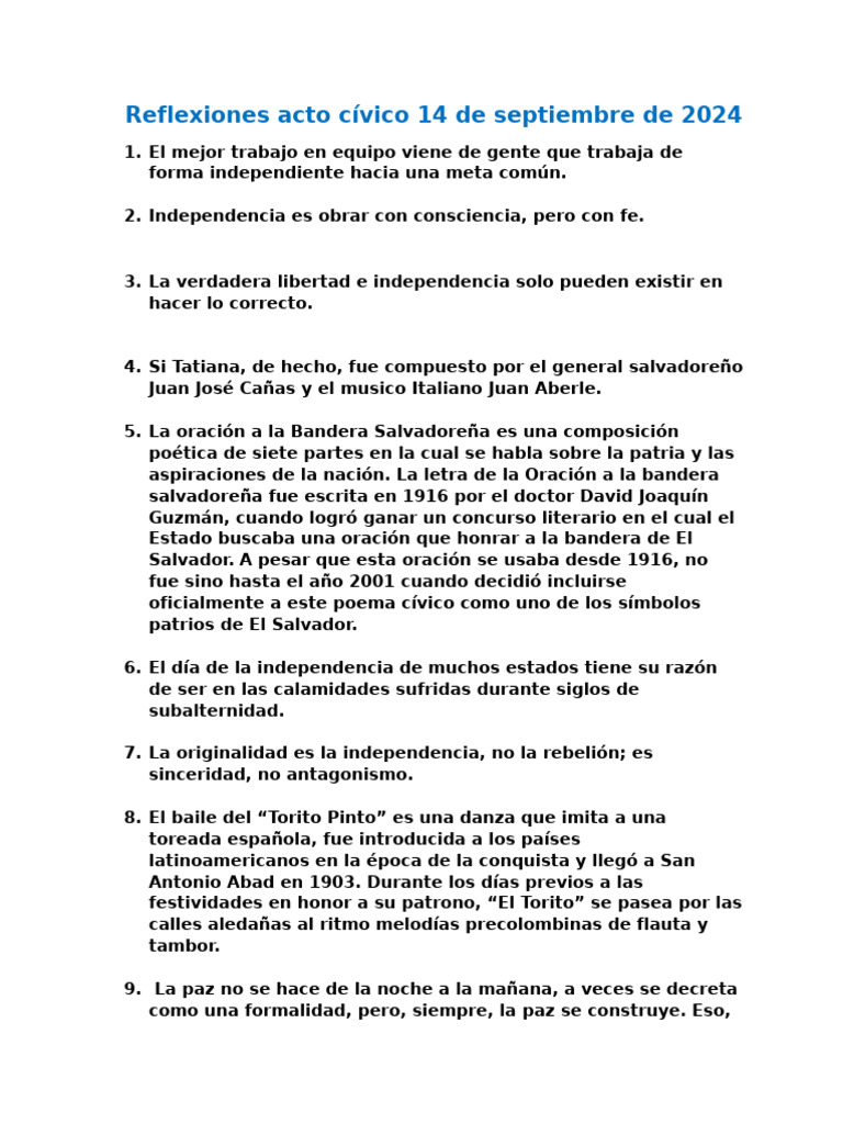 Reflexiones Acto Cívico 14 de Septiembre de 2024 | PDF | El Salvador