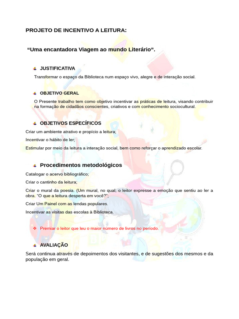 Projeto De Incentivo A Leitura Pdf