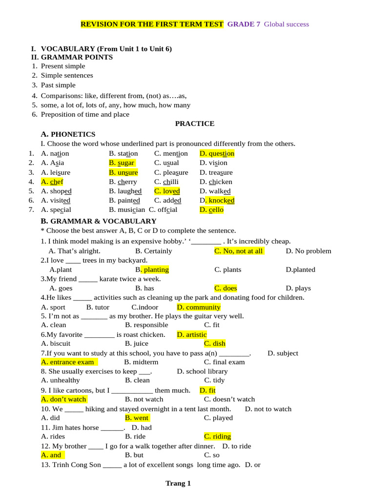 Grade 7 English Test Revision Guide | PDF | Meal | Lunch