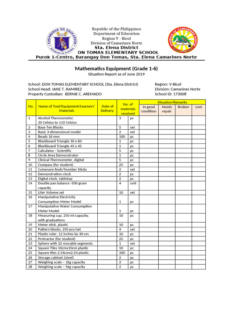 Mathematics Equipment Report for Don Tomas School | PDF