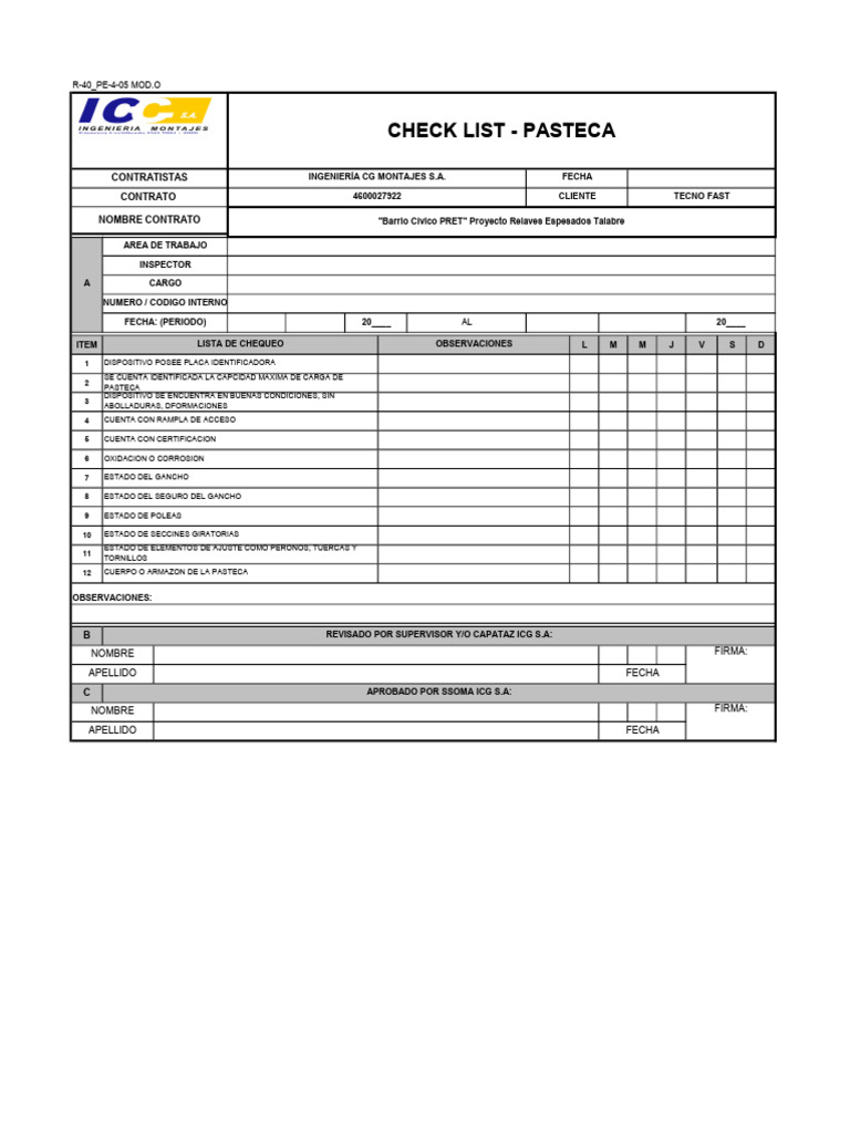 Lista de Chequeo para Pasteca ICG S.A. | PDF