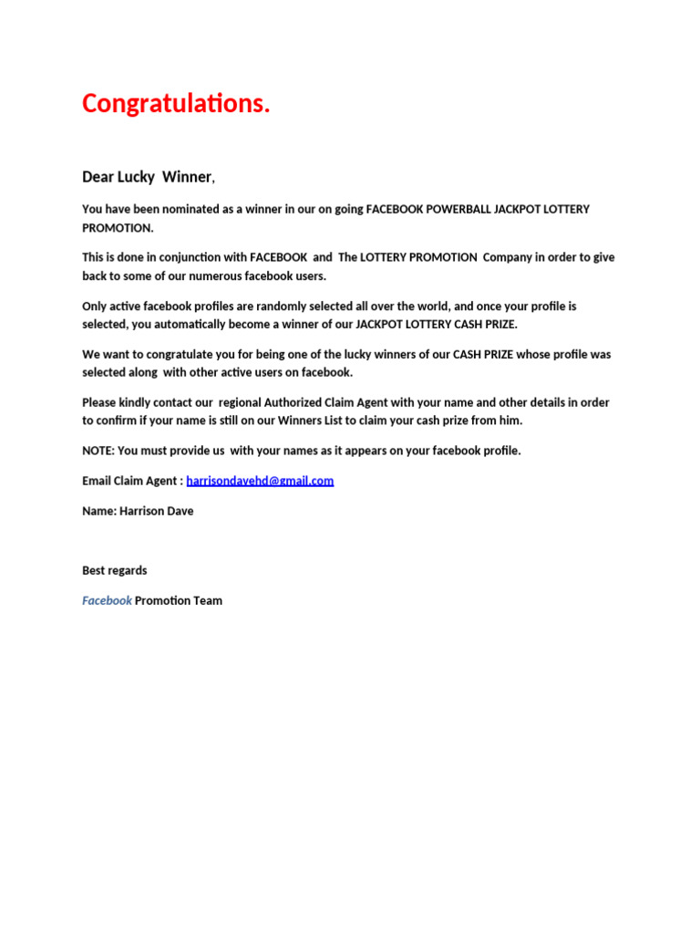 Facebook Powerball Jackpot Winner Notification | PDF | Sports & Recreation