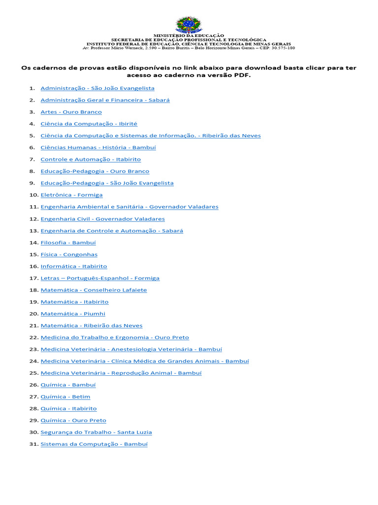 Cadernos de Provas do IFMG 2024 | PDF