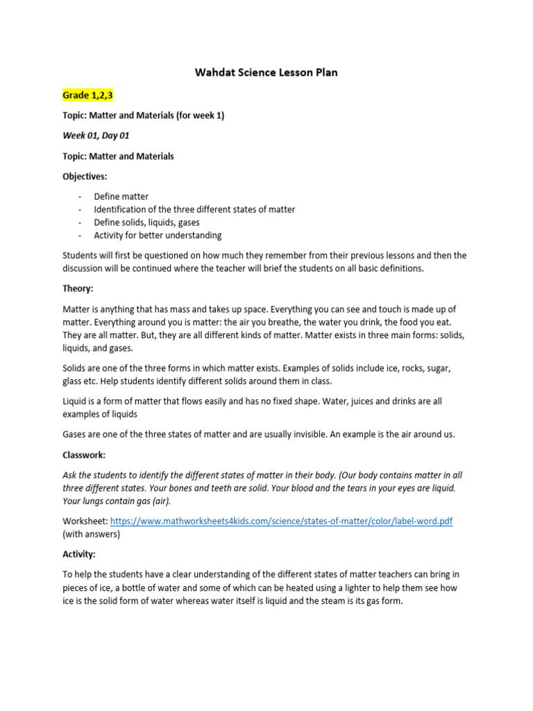 Grade 1-3 Matter and Materials Lesson Plan | PDF | Fruit | Atrium (Heart)