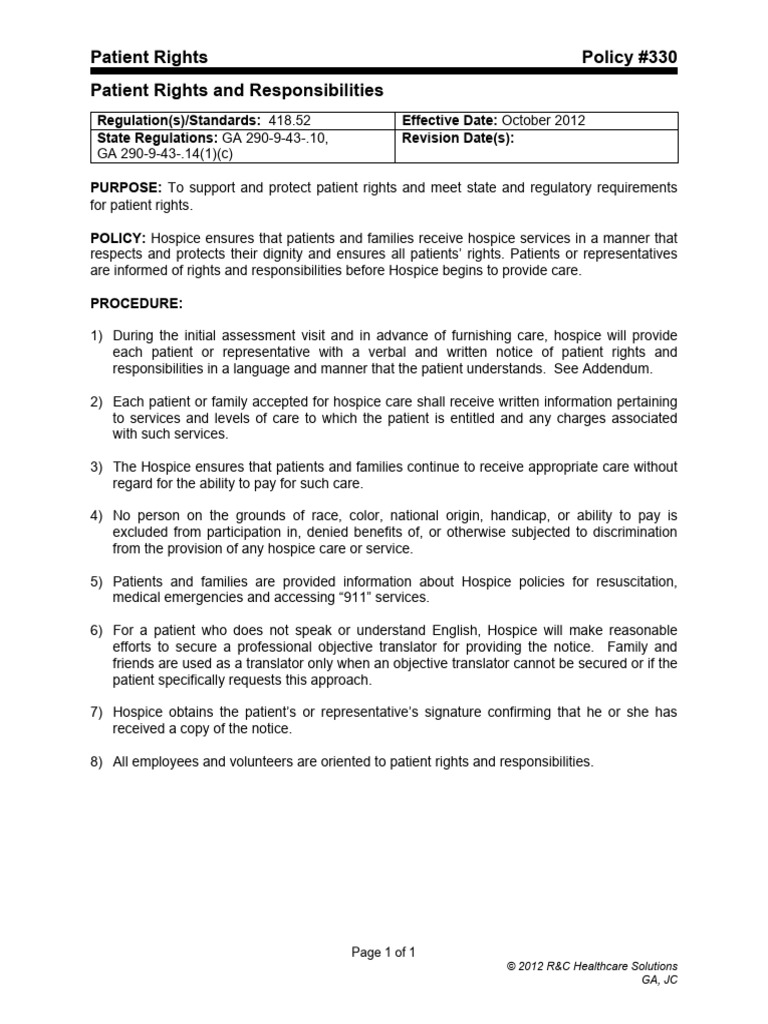 Hospice Patient Rights and Responsibilities | PDF | Patient ...