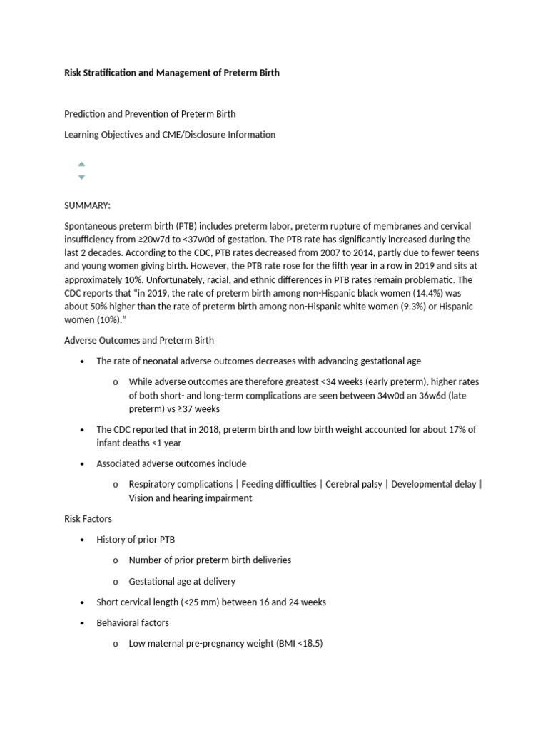 Risk Stratification and Management of Preterm Birth | PDF | Preterm ...