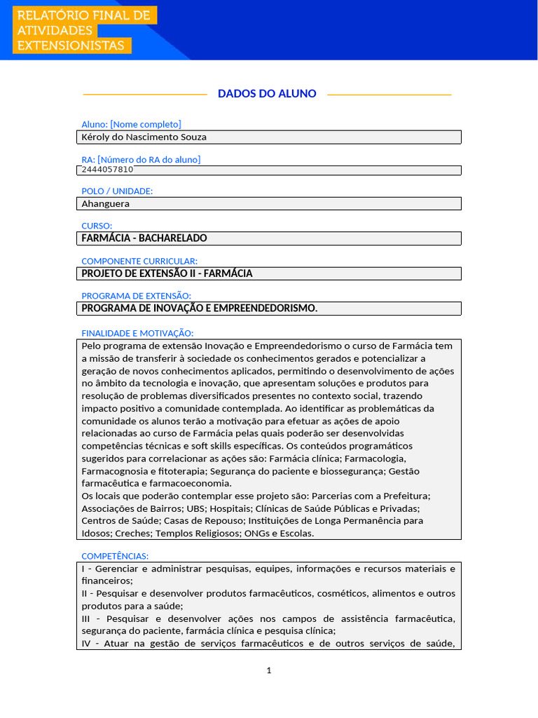 Projeto De Extensão Em Farmácia Inovação E Saúde Pdf Farmacêutico
