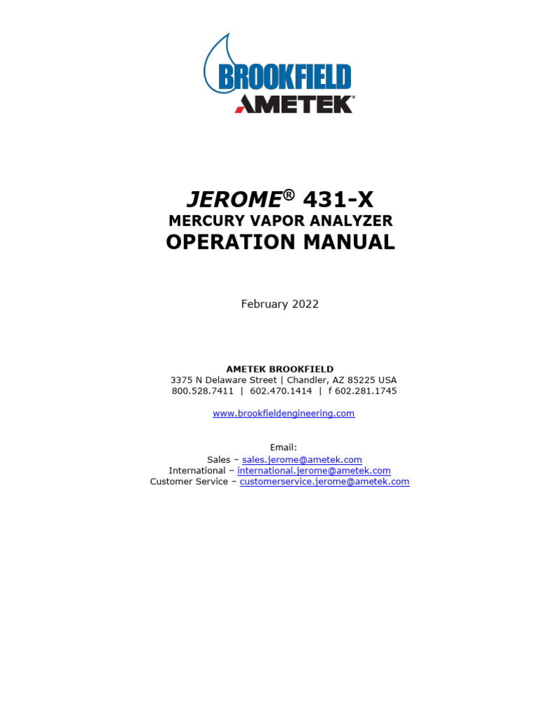 Jerome 431-X MERCURY VAPOR ANALYZER User Manual | PDF | Mercury (Element)