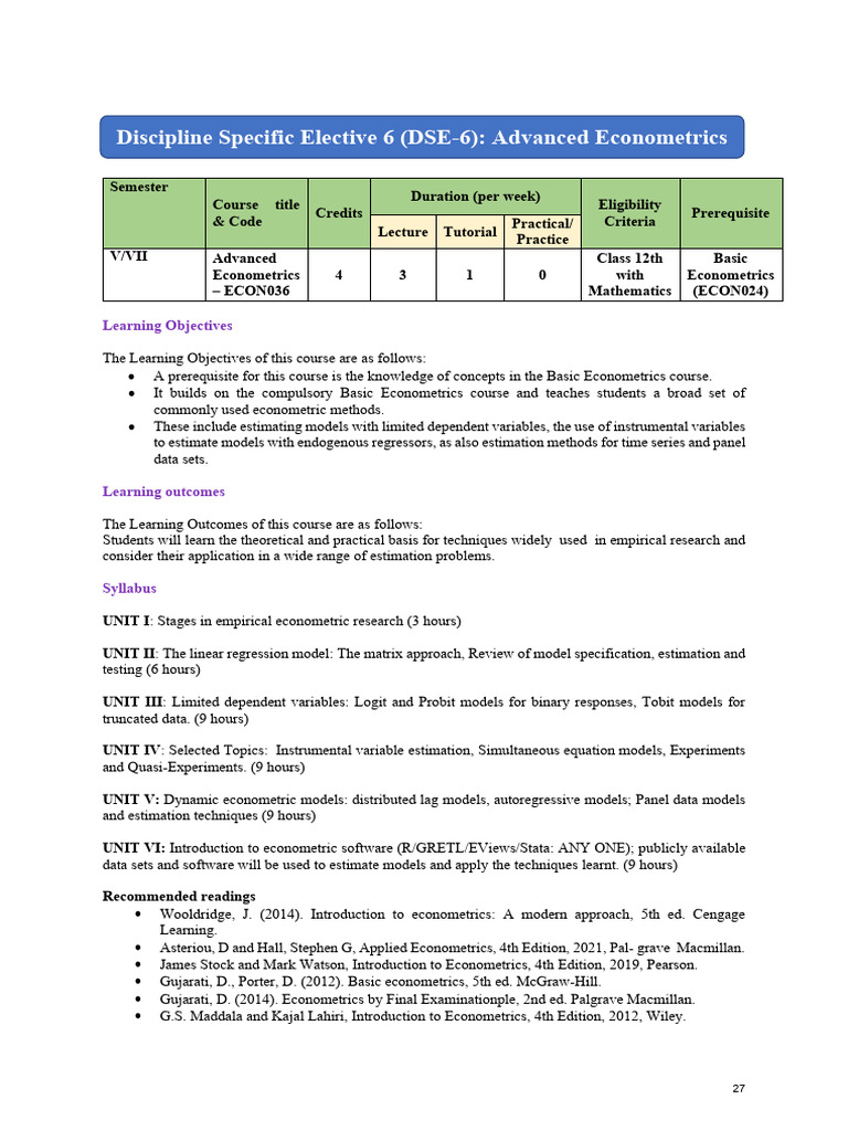 DSE Syllabus | PDF | Economics | Econometrics