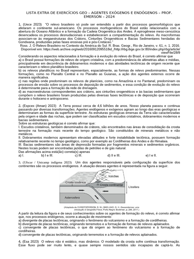 Exercícios sobre Agentes Exógenos e Endógenos | PDF | Terreno | Erosão